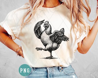 Dancing chicken PNG shirt design, Sublimation design, Funny chicken dance, Black and white retro line drawing graphic, Digital download
