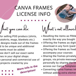 May include: A graphic with text about Canva Frames license information. The text includes what is allowed, such as selling POD products, and what is not, like reselling frames. A person is shown using a laptop.