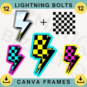 Puede incluir: Una colección de diseños de rayos en varios colores y patrones, incluyendo estilos a cuadros y sólidos. Se muestra el texto "LIGHTNING BOLTS" y "CANVA FRAMES". Cada diseño está delineado en negro.