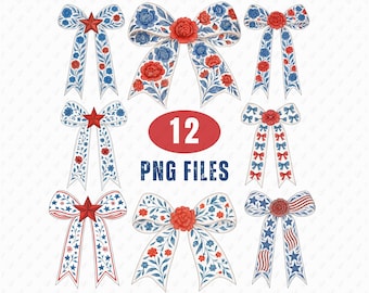 Patriotyczne kokardy Clipart Kwiatowa kokarda kokarda 4 lipca png Czerwona biała niebieska wstążka Sublimacja projekt Chinoiserie toil kokietka Pobierz