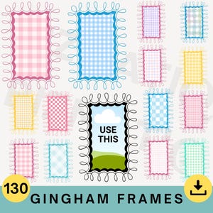 May include: A collection of 130 gingham frames in various colors, including pink, blue, yellow, and green. Each frame has a unique gingham pattern and a decorative, swirly border. One frame features the text "USE THIS" inside.