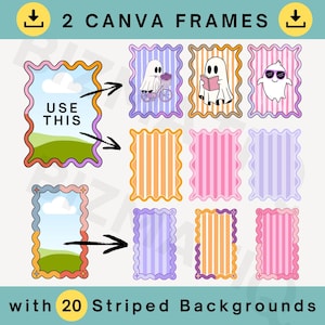 May include: Digital design elements showing two Canva frames with the text "USE THIS" and 20 striped backgrounds. The frames have a scalloped edge and are decorated with ghosts and striped patterns in various colours.