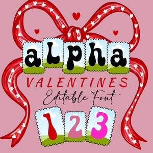 Puede incluir: Un gráfico con temática de San Valentín con un lazo rojo adornado con corazones blancos. La palabra "alpha" se muestra en letras negras con acentos de corazón, y los números 1, 2 y 3 son en rojo y rosa. También está presente el texto "VALENTINES Editable Font".