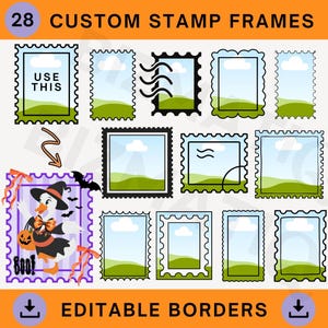 May include: A collection of 28 custom stamp frames with editable borders. The stamps feature various designs, including a Halloween-themed stamp with a duck in a witch hat and the word "BOO!" The stamps have a green and white landscape background.