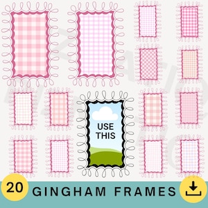 May include: A collection of 20 pink gingham frames with decorative borders. The frames feature various gingham patterns in shades of pink and white. One frame has a landscape scene with the text "USE THIS". The words "20 GINGHAM FRAMES" are also displayed.