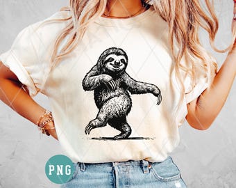 Dancing sloth PNG shirt design, Sublimation design, Funny sloth dance, Black and white retro line drawing graphic, Digital download
