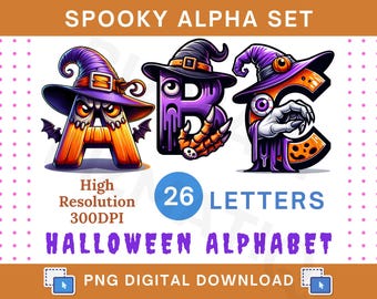 Halloween alpha set PNG bundle Preppy halloween alphabet png clipart Spooky alphabet letters A-Z Halloween doodle letters png Clip art files