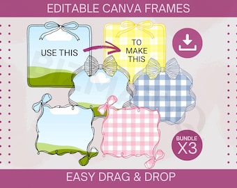 Pode incluir: Imagem de molduras Canva editáveis com laços em várias cores e padrões, incluindo xadrez vichy. O texto inclui "USE THIS", "TO MAKE THIS", "BUNDLE X3" e "EASY DRAG & DROP".