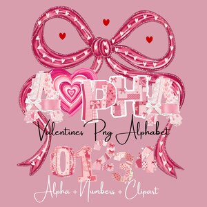 Pacote de fontes PNG do alfabeto para o Dia dos Namorados com corações, laços, números e imagens PNG de camisetas com o tema "Amor" para vendedores de impressão sob demanda, letras alfabéticas para scrapbooking e rabiscos.