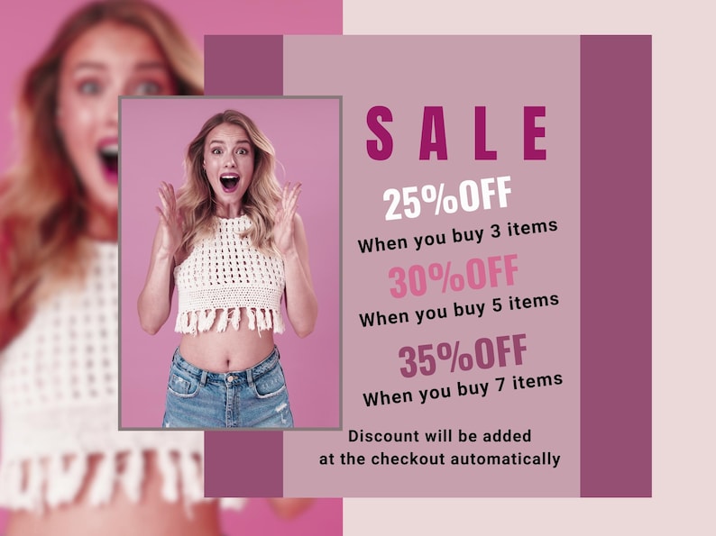 May include: A promotional image with a woman in a white crochet top and denim shorts. The image includes text that reads "SALE" with discount percentages: 25% off, 30% off, and 35% off when purchasing multiple items.