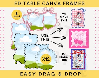 Editable coquette bow border frames BUNDLE Custom bow canva frame template Drag and drop Doodle canva frame template Instant download file