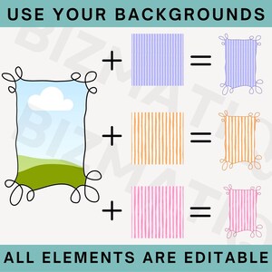 May include: An image with the text "USE YOUR BACKGROUNDS" and "ALL ELEMENTS ARE EDITABLE". It shows a frame with a landscape scene, combined with striped backgrounds in blue, orange, and pink, creating new framed designs.