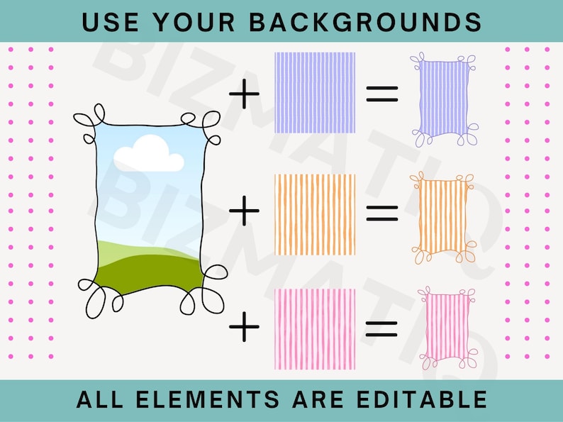 May include: An image with the text "USE YOUR BACKGROUNDS" and "ALL ELEMENTS ARE EDITABLE". It shows a frame with a landscape scene, combined with striped backgrounds in blue, orange, and pink, creating new framed designs.