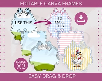 Editable coquette bow border frames BUNDLE Custom bow canva frame template Drag and drop canva template Instant download Commercial use PNG