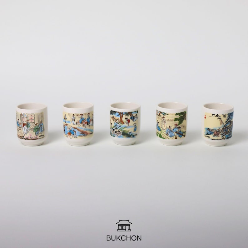 Korean Folk Art Soju Shot Ceramic Set – 5 Mini Cups With Traditional ...