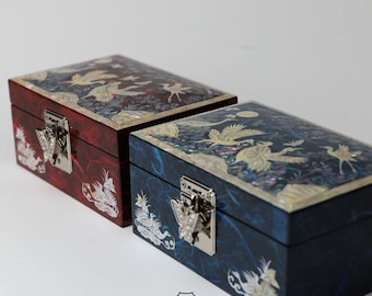 Mother of Pearl Korean Najeon Crane & Pine Jewelry Box 6&quot; - Blue or Red