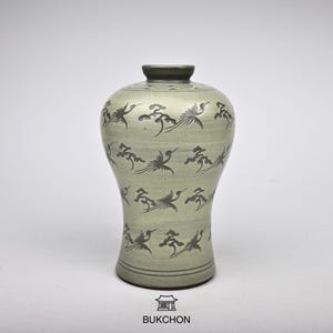 Korean Buncheong Vase with Crane & Pine Motif – Handcrafted Traditional Pottery