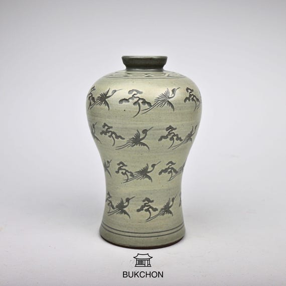 Handcrafted Buncheong Vase with Crane and Pine