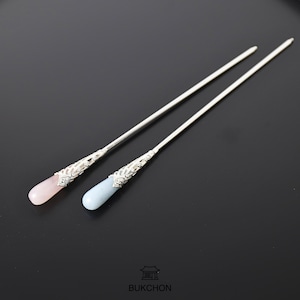 Korean Traditional Long Binyeo – Hair Pin with Natural Rose Quartz & Aquamarine Gemstones