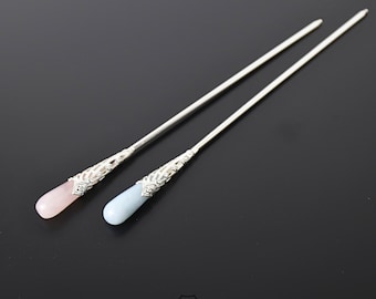Korean Traditional Long Binyeo – Hair Pin with Natural Rose Quartz & Aquamarine Gemstones