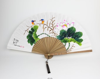 Korean Hand-Painted Folding Fan – Twin Birds with Lotus Blossom (연꽃과 두 마리 새)