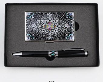 Mother Of Pearl Kreditkartenetui – Schlankes Metall-Etui Aus Edelstahl Mit Koreanischem Perlmutt-Gitterdesign, Inkl. Geschenkbox