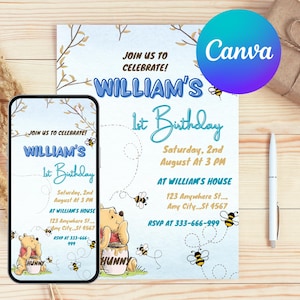 Pooh Birthday Invitation, Winnie The Pooh First Birthday Editable Template, Classic Winnie The Pooh 1st Birthday Party Canva Template