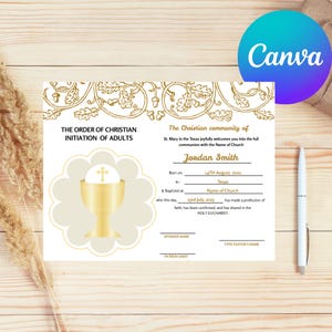 Certificado para catecúmenos, Certificado RCIA, Plantilla Canva, Certificado OCIA, Certificado de la iglesia, Certificado religioso