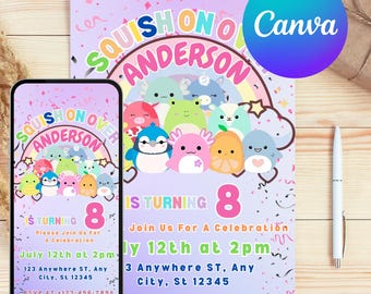 Convite de aniversário Squishmallow editável: modelo de festa para impressão (download em PDF)