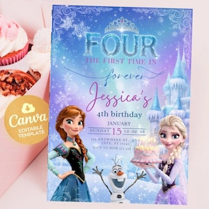 Pode incluir: Um convite de aniversário com tema de inverno, com personagens de um filme de animação popular. O convite é azul e roxo com o texto "FOUR" e "4º aniversário de Jessica". O design inclui ilustrações de um castelo e flocos de neve.