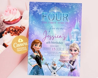 Frozen Four The First Time In Forever Birthday Invitation Frozen 4th Birthday Invitation Kids Fourth Party Invite Elsa Anna Theme EDITABLE