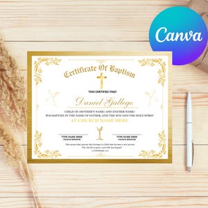 Plantilla de certificado de bautismo editable / Certificado de bautismo imprimible / Certificado de dedicación / Plantilla Canva (28 x 21 cm)