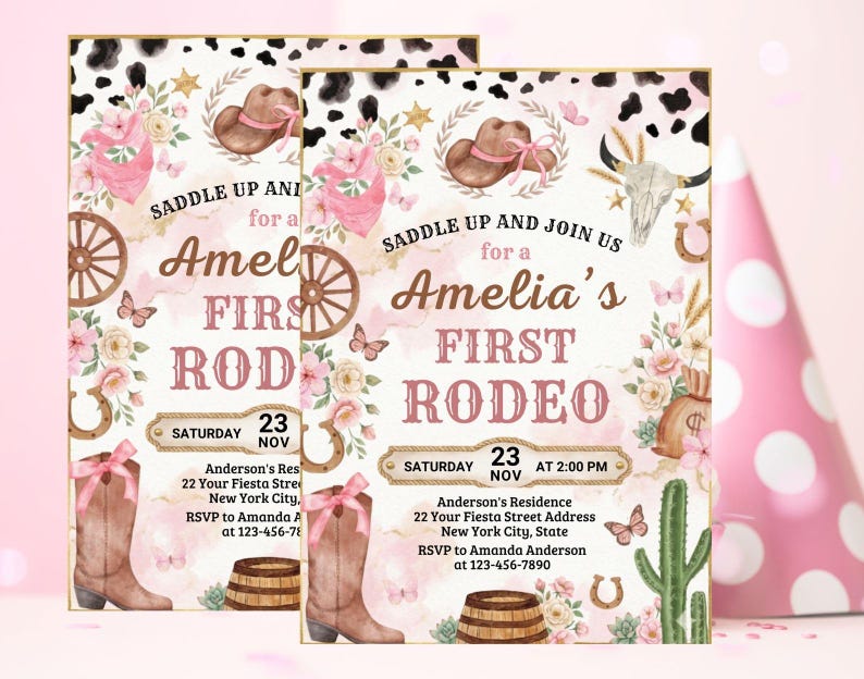 First Rodeo Birthday Invitation, Editable My 1st Rodeo Girl Cowgirl Invites, First Rodeo Invite, 5x7 Canva