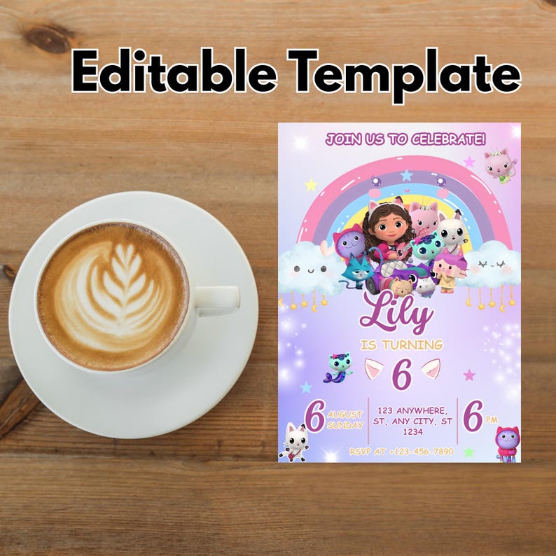Pode incluir: Uma x&iacute;cara de caf&eacute; branca com arte latte em um pires branco est&aacute; ao lado de um convite de anivers&aacute;rio colorido. O convite apresenta um arco-&iacute;ris, personagens de desenhos animados e o texto "Lily faz 6 anos". As palavras "Editable Template" est&atilde;o no topo.