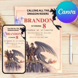 May include: A birthday party invitation with the text "Calling All The Dragon Riders" and "Brandon is turning 8". The invitation features a dragon and rider illustration, with event details and a phone number.
