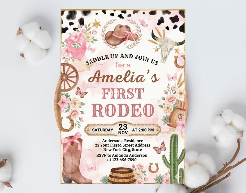 First Rodeo Birthday Invitation, Editable My 1st Rodeo Girl Cowgirl Invites, First Rodeo Invite, 5x7 Canva