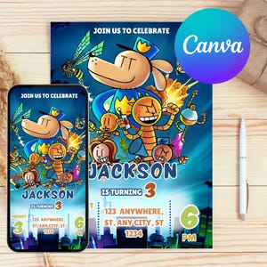 Invitación de cumpleaños editable de &quot;Hombre Perro&quot;: Fiesta infantil, 5x7 (Descarga PDF)