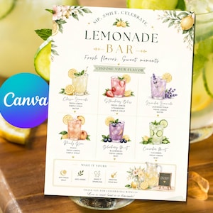 Peut inclure: Une affiche rectangulaire intitulée Lemonade Bar avec des illustrations à l'aquarelle de six saveurs de boissons, dont classique, fraise, lavande, pêche, myrtille et concombre. L'affiche présente du texte, des motifs floraux et des options de personnalisation.