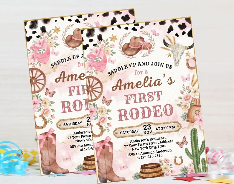 First Rodeo Birthday Invitation, Editable My 1st Rodeo Girl Cowgirl Invites, First Rodeo Invite, 5x7 Canva