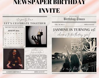 Modelo de convite de aniversário em jornal: design personalizável do Canva (PDF)