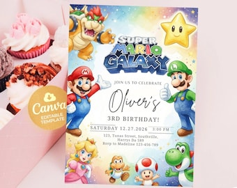 Mario Galaxy Birthday Invitation, Outer Space Party Invite, Boys Gaming Party card, Instant Download, Editable Canva Template (5x7 in)