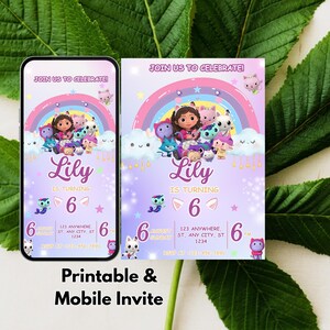 Pode incluir: Um convite de anivers&aacute;rio com tema de desenho animado com o texto "Junte-se a n&oacute;s para celebrar!" e "Lily est&aacute; fazendo 6 anos." O design inclui um arco-&iacute;ris, personagens de desenhos animados e as palavras "Convite para impress&atilde;o e celular."