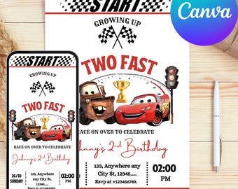 Cars Birthday Party Invitation, Lightning Mcqueen Birthday, Cars Party Invite, Second Birthday Party Invitation, Two Fast, 2, Two Mater Cars