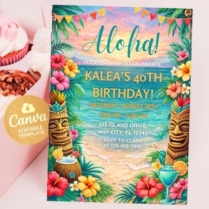 以下が含まれることがあります： 「Aloha!」の文字と「Kalea's 40th Birthday!」のテキストが熱帯のビーチシーンに配置された、カラフルな招待状。鮮やかな花、ティキ像、カクテルがデザインに含まれています。Canvaの編集可能なテンプレートが表示されています。
