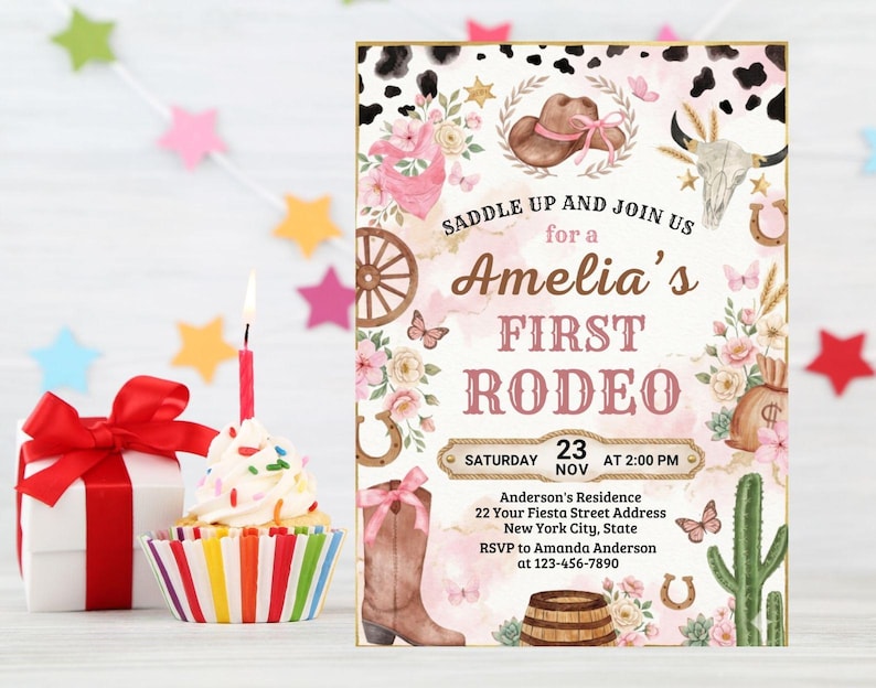 First Rodeo Birthday Invitation, Editable My 1st Rodeo Girl Cowgirl Invites, First Rodeo Invite, 5x7 Canva