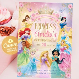 May include: A princess-themed birthday invitation with a gold crown, butterflies, and floral accents. The invitation features several princess illustrations and text that reads "Princess Amelia's is turning 5!" and event details.