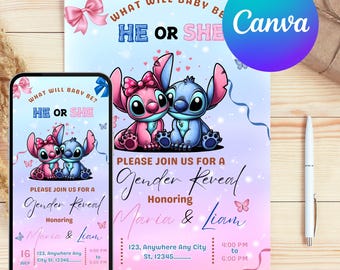 Stitch Gender Reveal Invitation: Pink & Blue Baby Shower (Digital Download)