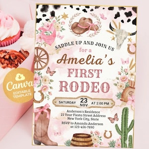 First Rodeo Birthday Invitation, Editable My 1st Rodeo Girl Cowgirl Invites, First Rodeo Invite, 5x7 Canva