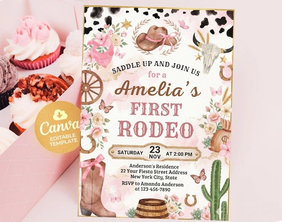 First Rodeo Birthday Invitation, Editable My 1st Rodeo Girl Cowgirl Invites, First Rodeo Invite, 5x7 Canva