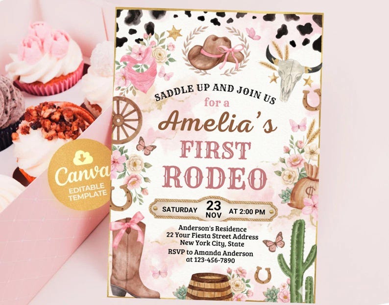 First Rodeo Birthday Invitation, Editable My 1st Rodeo Girl Cowgirl Invites, First Rodeo Invite, 5x7 Canva